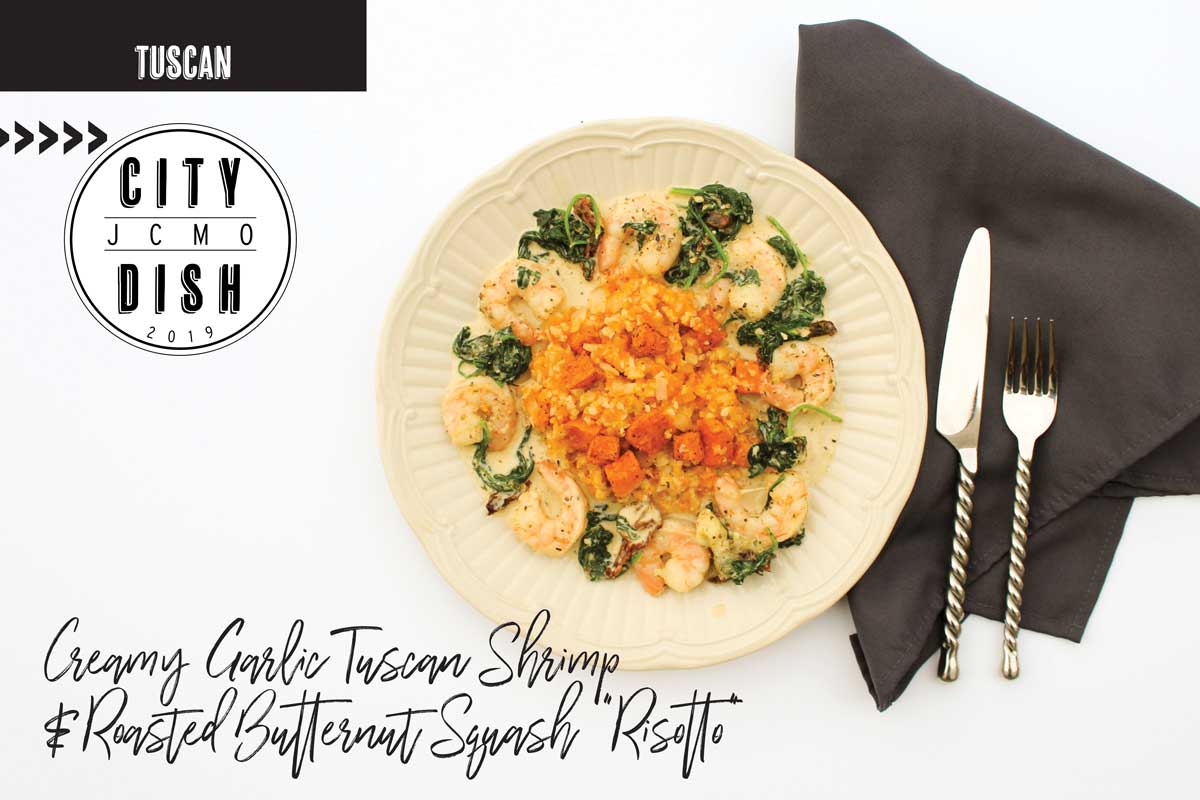 Creamy Garlic Tuscan Shrimp & Roasted Butternut Squash “Risotto” from Sweet Chipotle Catering